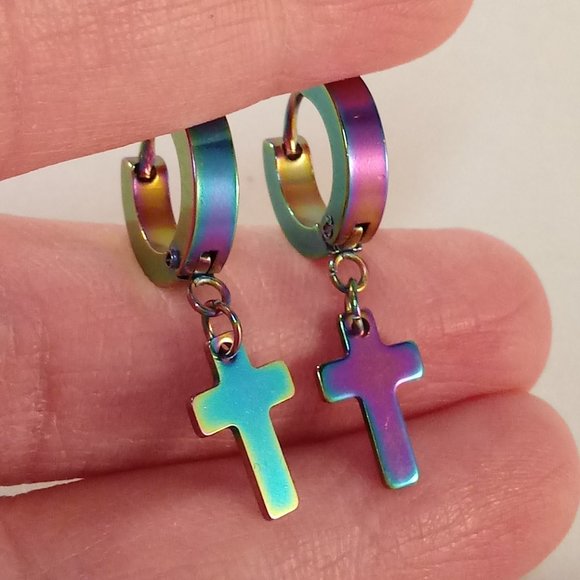 Mens Silver Stainless Steel Mystic Cross Hoop Dangle Earrings 14mm Party Gift - Picture 4 of 6